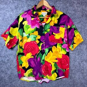 Vintage Christie &‎ Jill Camp Shirt Womens Small Bright Floral Dopamine Hawaiian